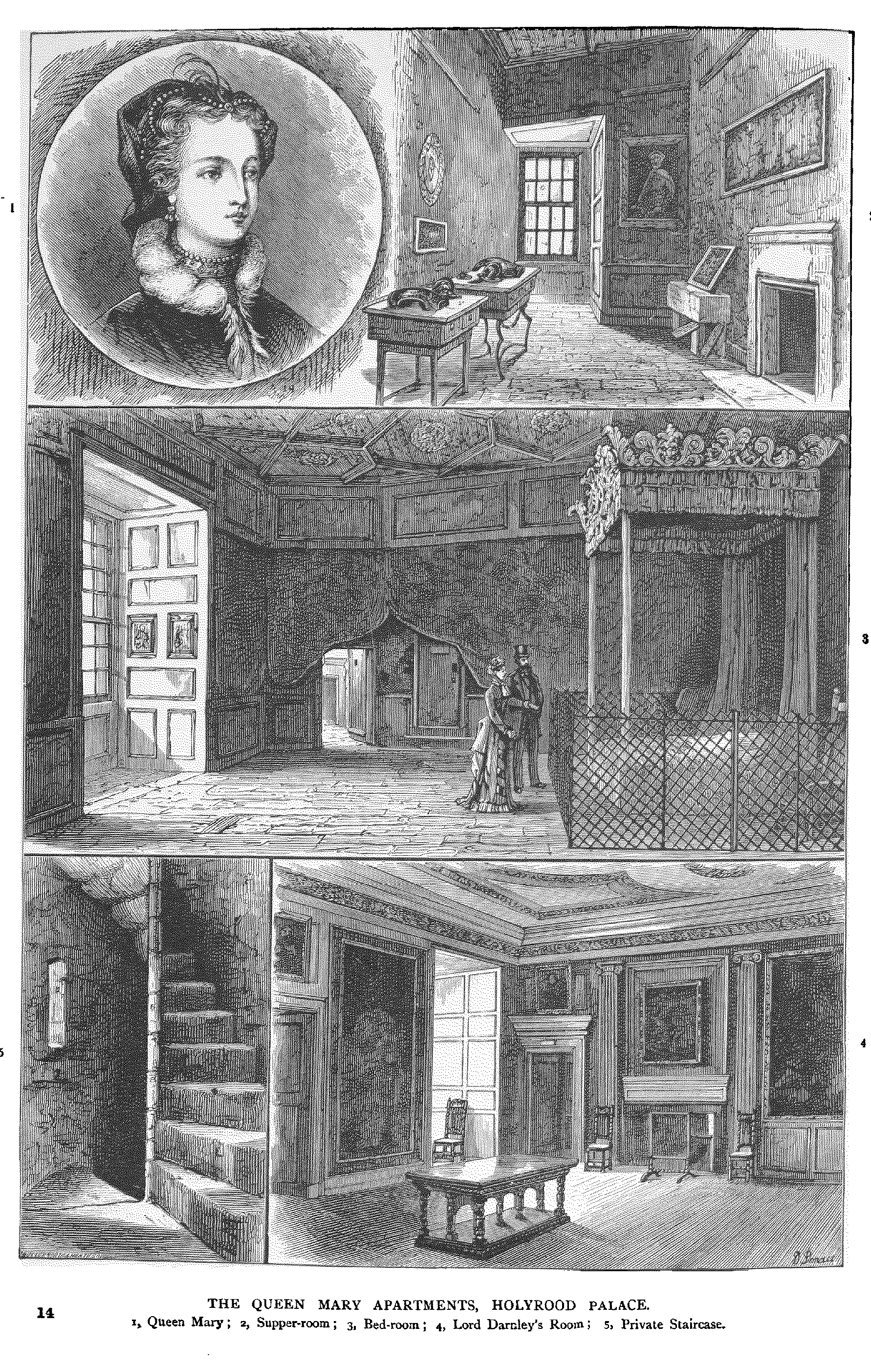 THE QUEEN MARY APARTMENTS, HOLYROOD PALACE.
1, Queen Mav; 2, Supper-room; 3, Bed-room; 4, Lord Darcley’s Room; 5, Private Staircase.