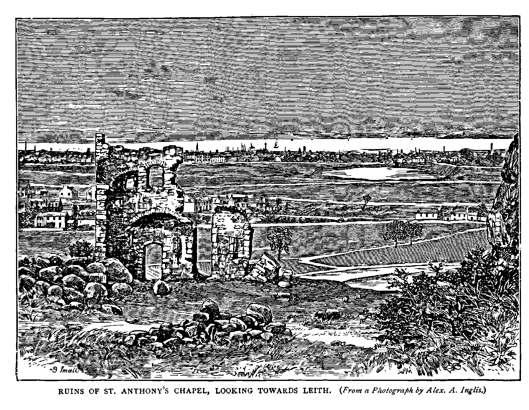 RUINS OF ST. ANTHONY’S CHAPEL, LOOKING TOWARDS LEITH. (From a photograph by Alex A. Inglis.)