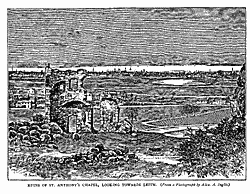 RUINS OF ST. ANTHONY’S CHAPEL, LOOKING TOWARDS LEITH. (From a photograph by Alex A. Inglis.)