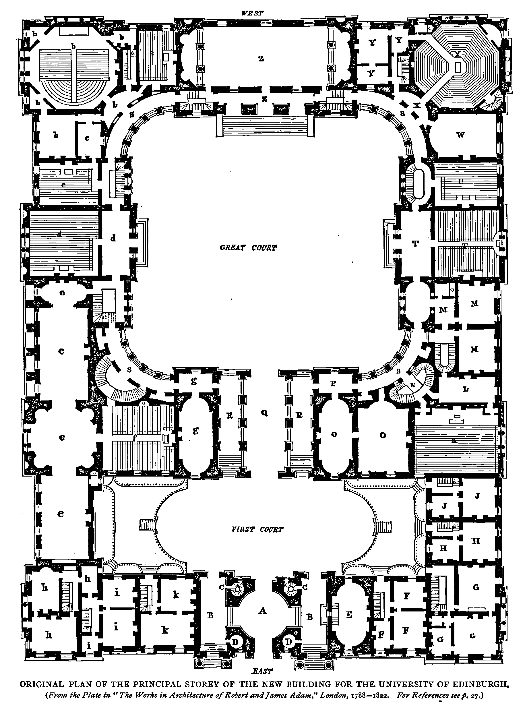 THE COLLEGE BUILDINGS. 21
ORIGINAL PLAN OF THE PRINCIPAL STOREY OF THE NEW BUILDING FOR THE UNIVERSITY OF EDINBURGH.
(Ftonr fhe Plafe in “The Works in Architcchrrc of Robed andfams Adam,” 