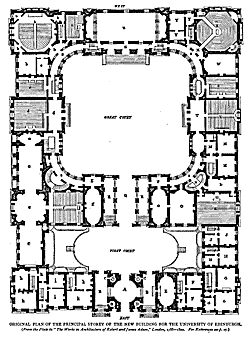THE COLLEGE BUILDINGS. 21
ORIGINAL PLAN OF THE PRINCIPAL STOREY OF THE NEW BUILDING FOR THE UNIVERSITY OF EDINBURGH.
(Ftonr fhe Plafe in “The Works in Architcchrrc of Robed andfams Adam,” 