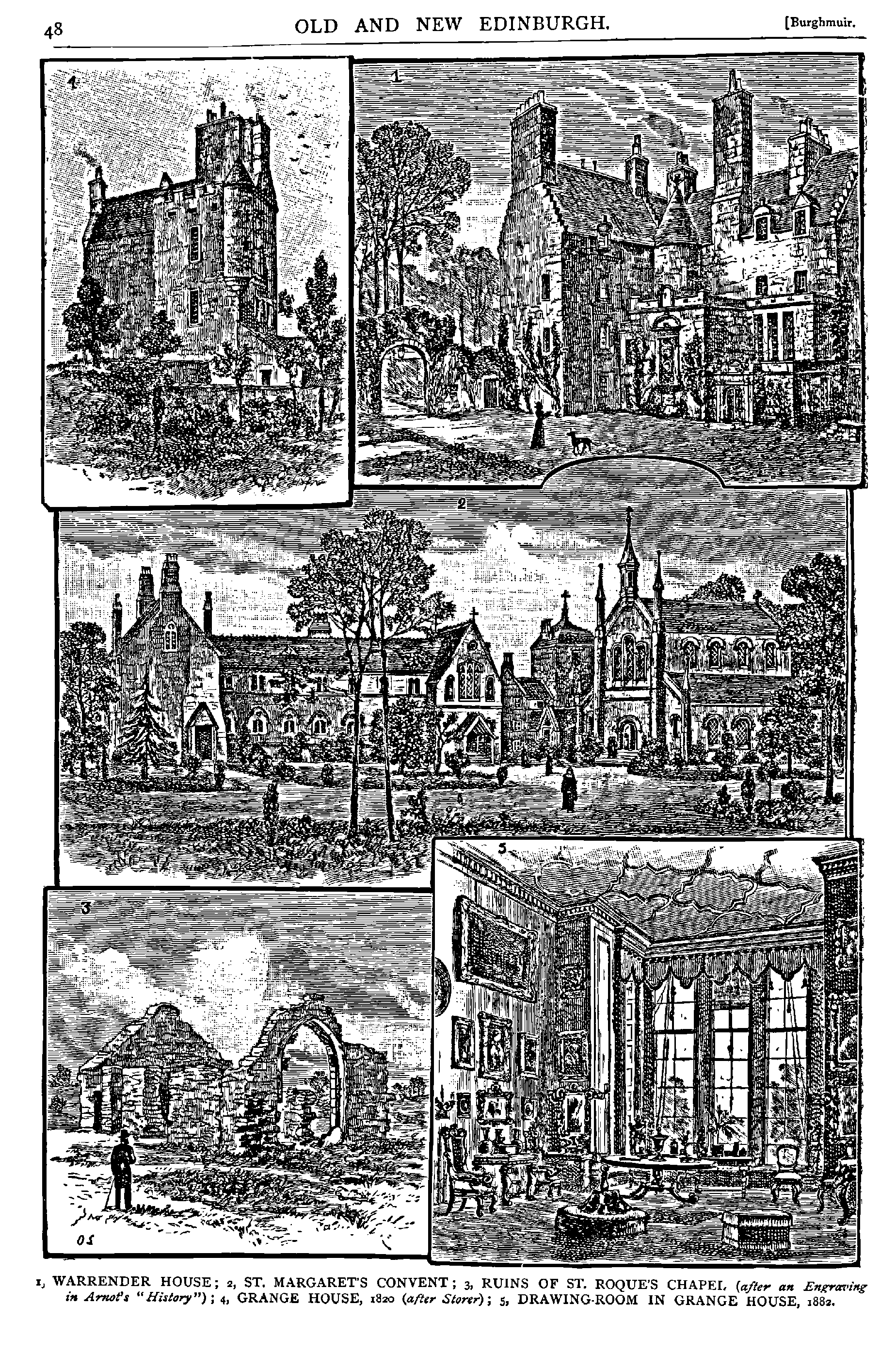 I, WARRENDER HOUSE ; I, ST. MARGARETS CONVENT ; 3, RUINS OF ST. ROQUES CHAPEI, (ateer an Engvm,iw
in A m f r ‘‘Hixfmy”) ; 4, GRANGE HOUSE, 18zo (atter Starer); 5, DRAWING-ROOM IN GRANGE HOUSE, 3882.