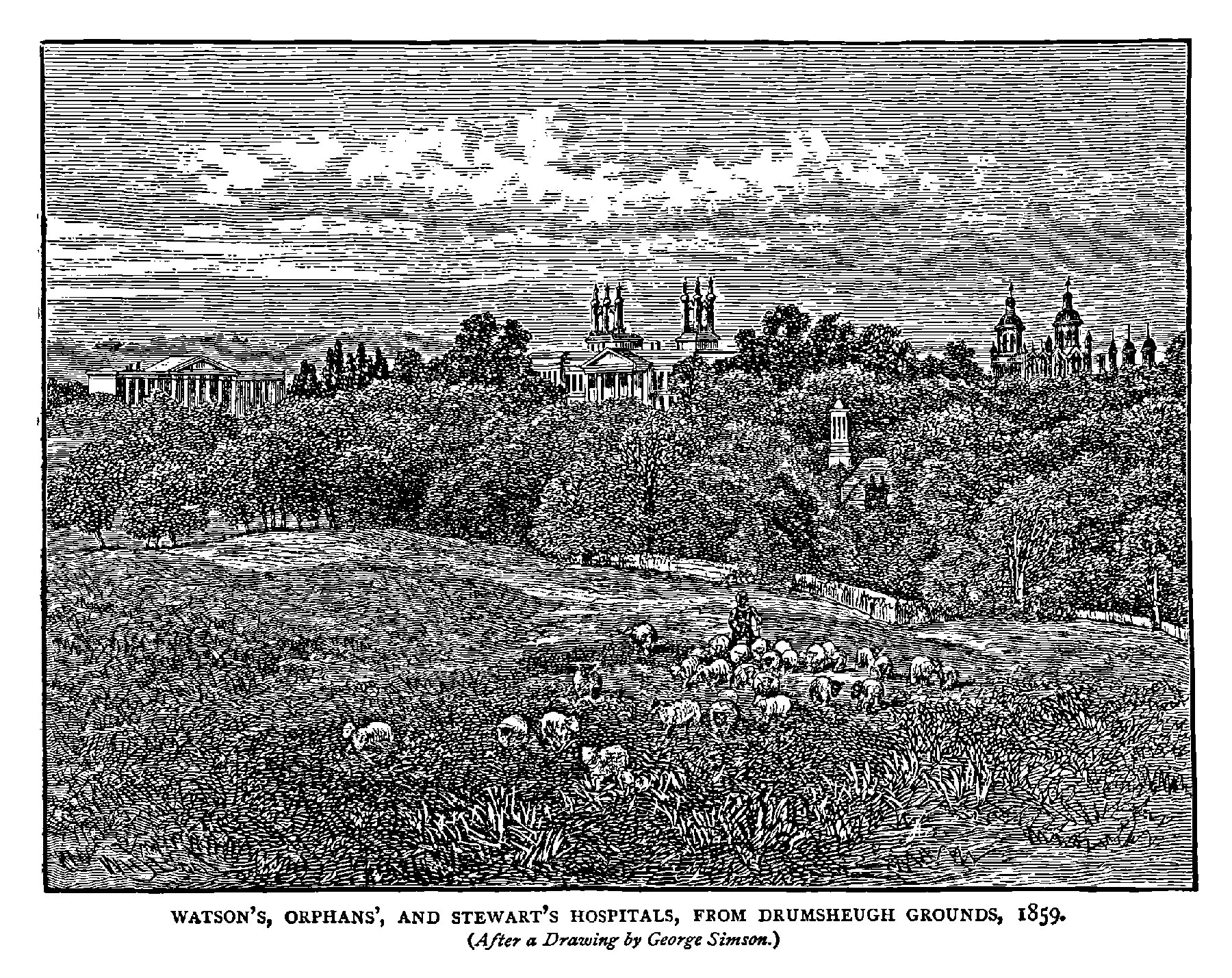 WATSON’S, ORPHANS’, AND STEWART’S HOSPITALS, FROM DRUMSHEUGH GROUNDS, 1859.