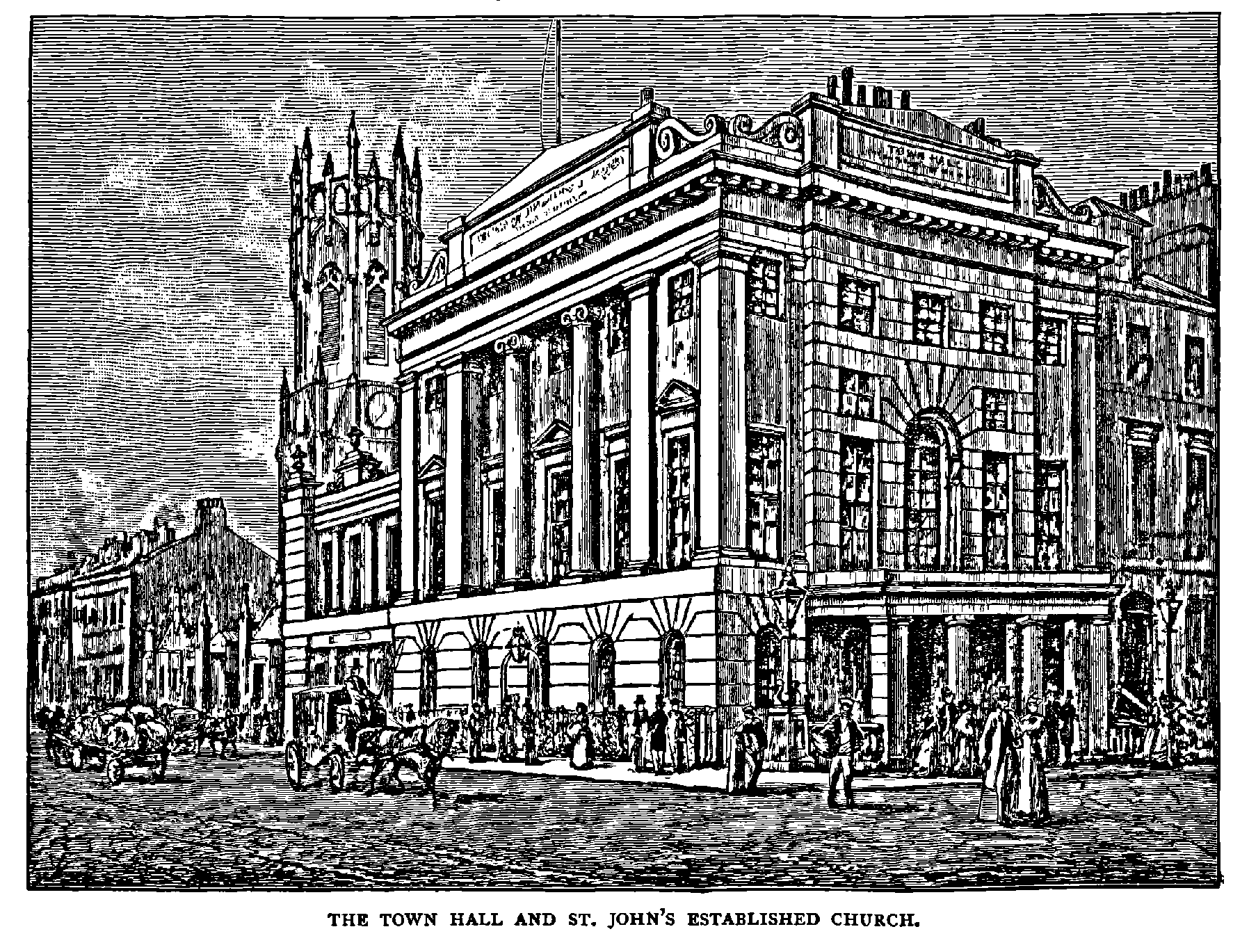 THE TOWN HALL AND ST. JOHN’S ESTABLISHED CHURCH.